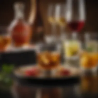 An elegant presentation of henny shots adorned with garnishes and unique glassware.