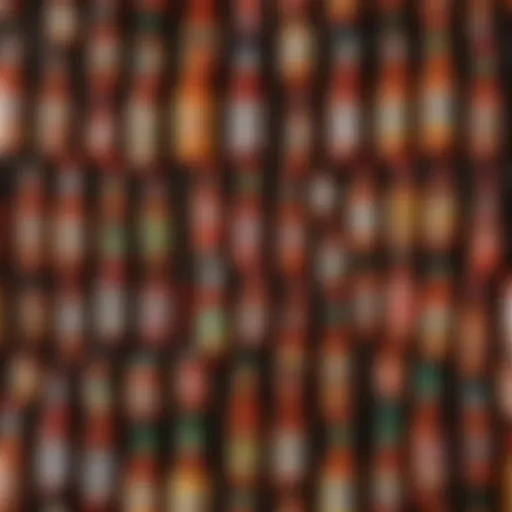 A colorful array of hot sauce bottles showcasing various brands and flavors.
