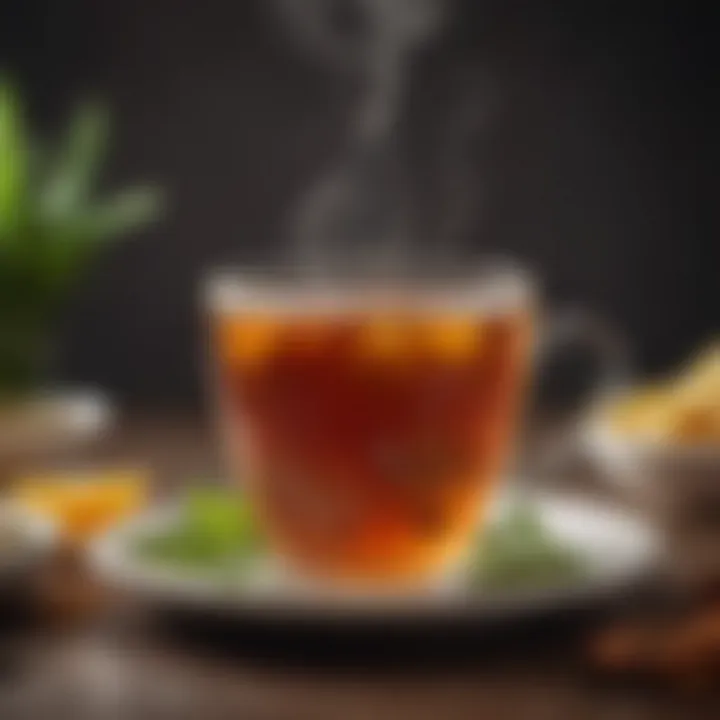 Close-up of a steaming cup of herbal tea with fresh ingredients.