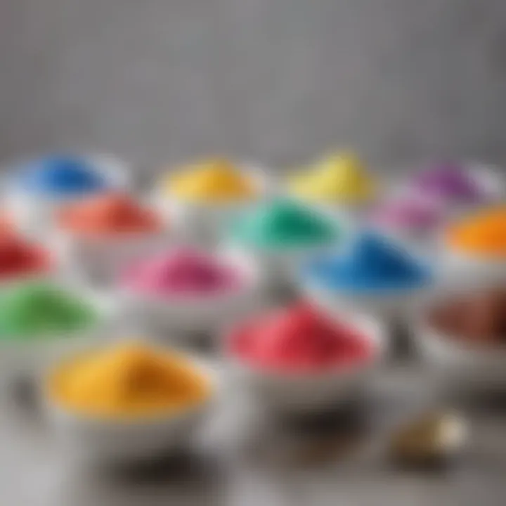 An array of vibrant icing colors in small bowls