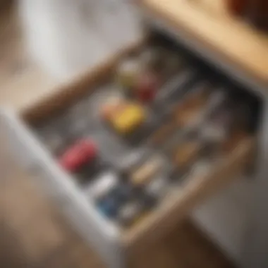 A well-organized kitchen drawer with various kitchen tools including a jar opener