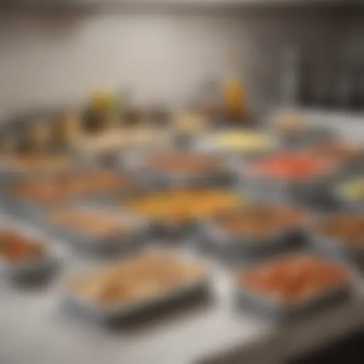 A variety of large lunch containers arranged aesthetically on a kitchen counter.
