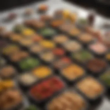 Aesthetic Lunch Presentation with Large Containers A visually appealing lunch spread featuring various foods in large containers.