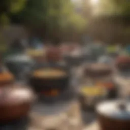 A collection of large outdoor cooking pots in various materials
