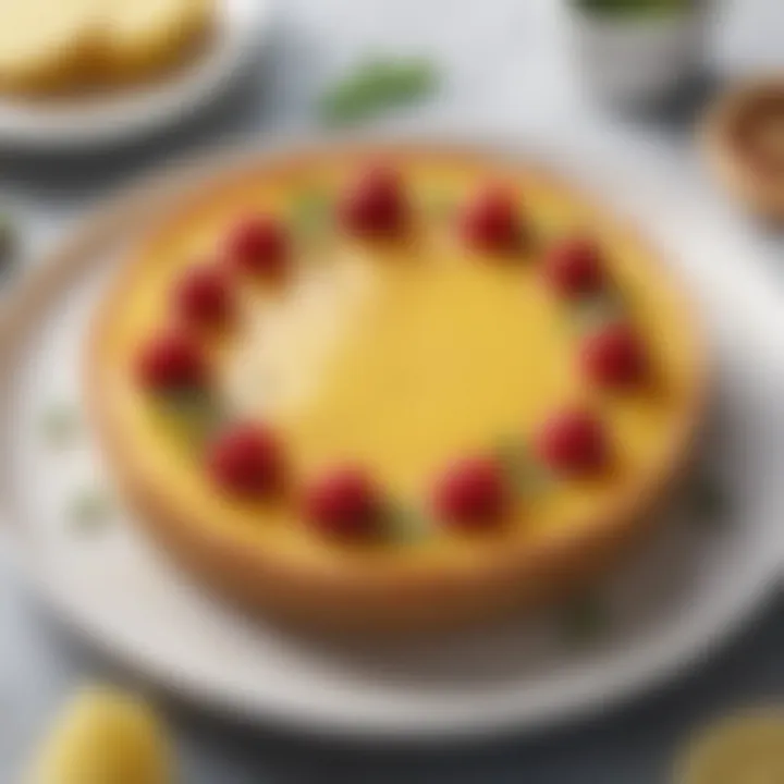 A vibrant lemon tart garnished with seasonal fruits and herbs