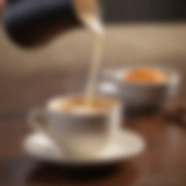 Close-up of creamy texture being poured into a cup of coffee