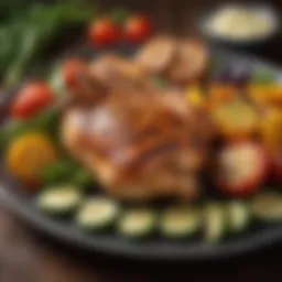 A vibrant plate of grilled chicken with a side of colorful vegetables