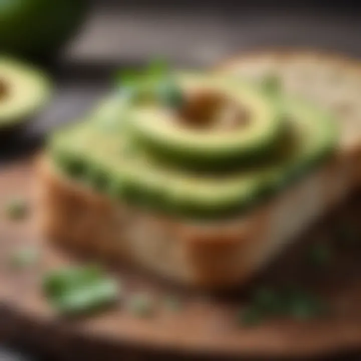 Close-up of a delicious low carb bread slice topped with avocado and herbs