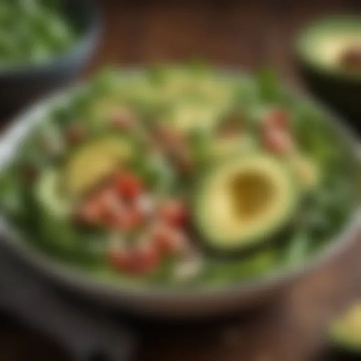 A fresh salad bowl featuring leafy greens, creamy avocado, and high-protein toppings.