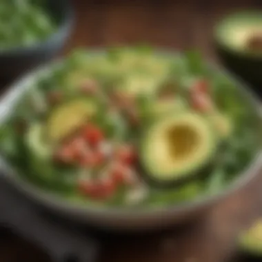 Nutritious Avocado Salad A fresh salad bowl featuring leafy greens, creamy avocado, and high-protein toppings.