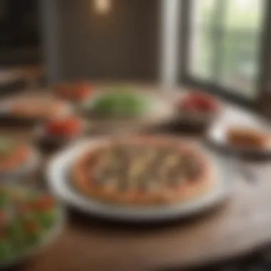An elegant dining table set with low carb pizza and fresh salads.