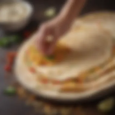 A close-up of a low sodium tortilla shell being filled with nutritious ingredients.