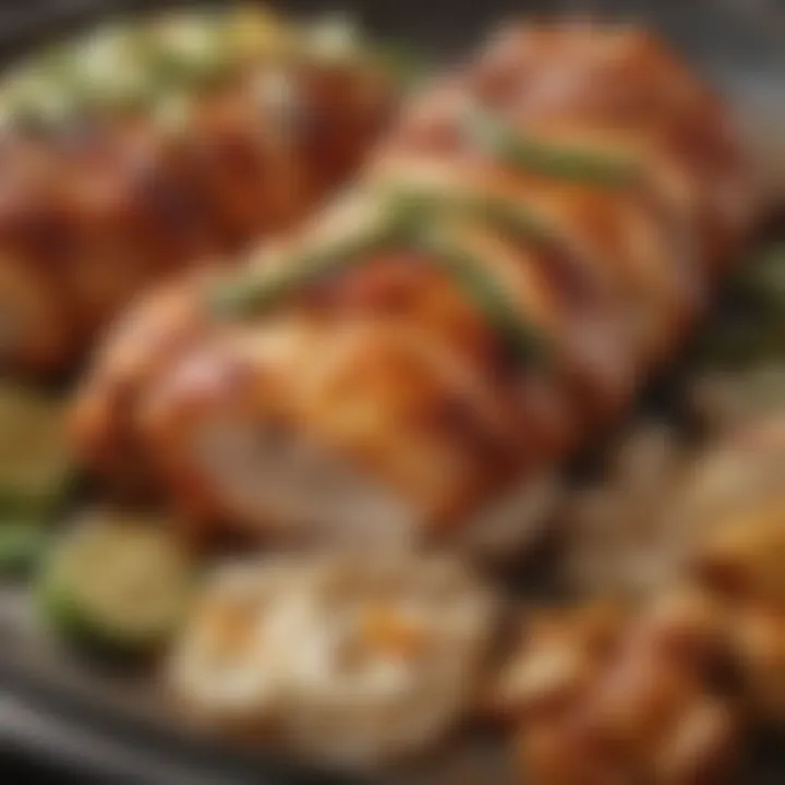 A close-up of the Malibu Chicken Sizzler showcasing its textures