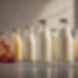 A selection of milk alternatives displayed in elegant glass containers
