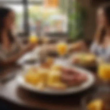 Charming Brunch Atmosphere A cozy brunch setting with guests enjoying mimosas and sharing plates in a vibrant café ambiance.