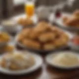 A vibrant spread of classic Southern brunch dishes, including biscuits, gravy, and fried chicken.