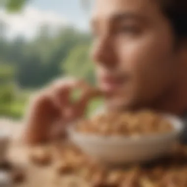 Enjoying a Nut Snack A person enjoying a healthy snack of mixed nuts in a serene setting.