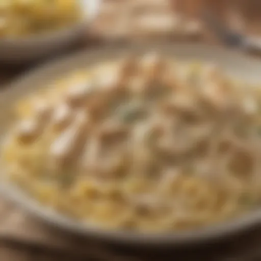 A close-up of a creamy Chicken Alfredo dish with fettuccine