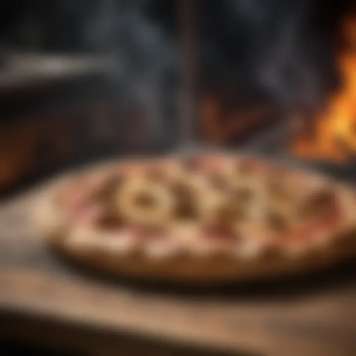 A perfectly cooked wood fired pizza emerging from the oven