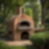 A rustic outdoor pizza oven surrounded by greenery