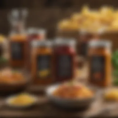 Artisanal Pasta Sauces Showcase An elegant display of artisanal pasta sauces arranged on a rustic wooden table
