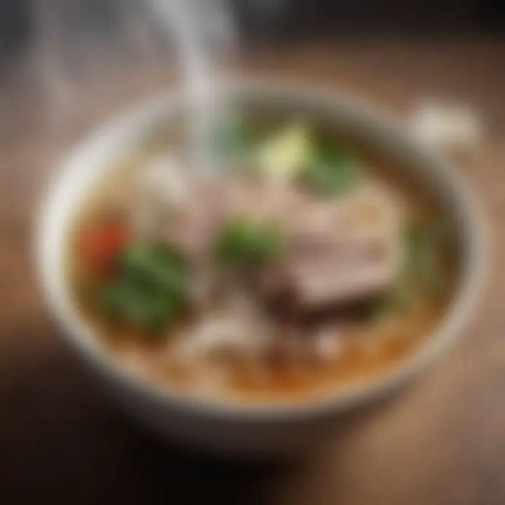 Close-up of a steaming bowl of pho highlighting the rich broth