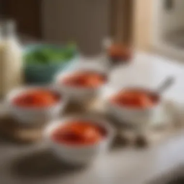 A Pioneer Woman sauce bowl filled with a colorful sauce, illustrating its practical use in meal preparation.