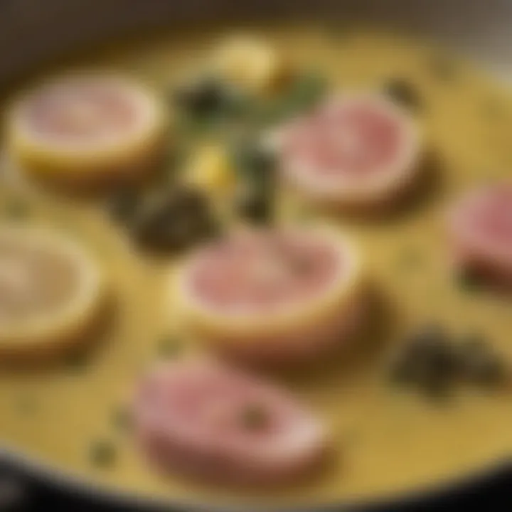 Close-up of the lemon and caper sauce simmering