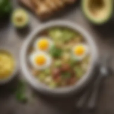 A hearty breakfast bowl featuring diced potatoes, eggs, and avocado