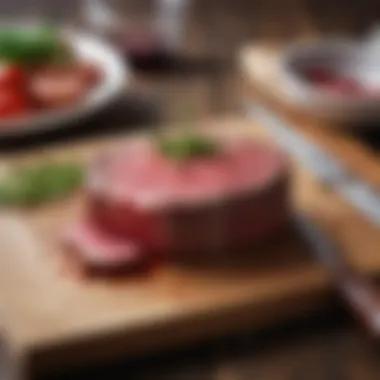 Raw prime filet mignon cut with a butcher's knife on a wooden board.