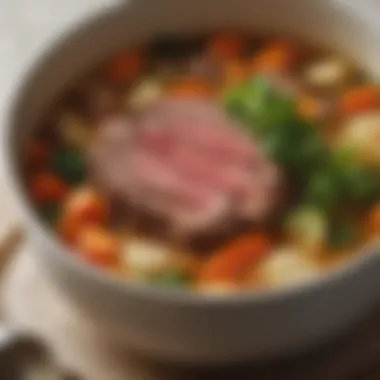 Tender Beef and Vegetables in Broth A close-up view of tender beef and vegetables in a clear broth