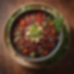 A vibrant bowl of red quinoa salad adorned with fresh vegetables and herbs, showcasing a colorful and nutritious dish.