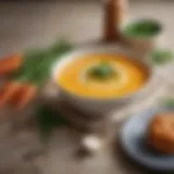 A vibrant bowl of cream of carrot soup garnished with fresh herbs and a drizzle of olive oil