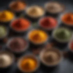 A variety of colorful salty spices displayed in elegant bowls