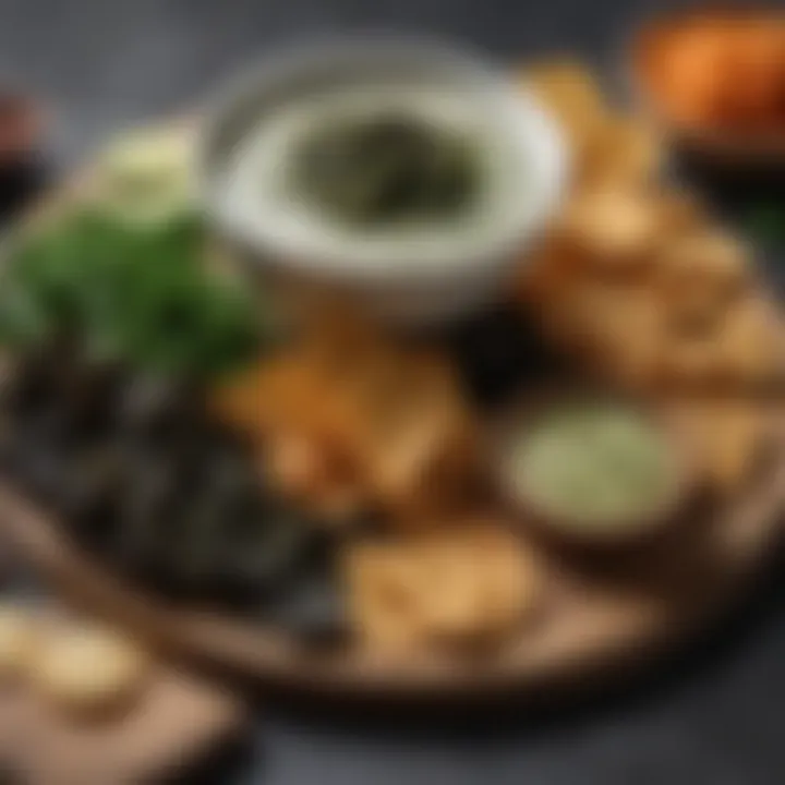 A beautifully styled platter featuring seaweed chips paired with dips and garnishes