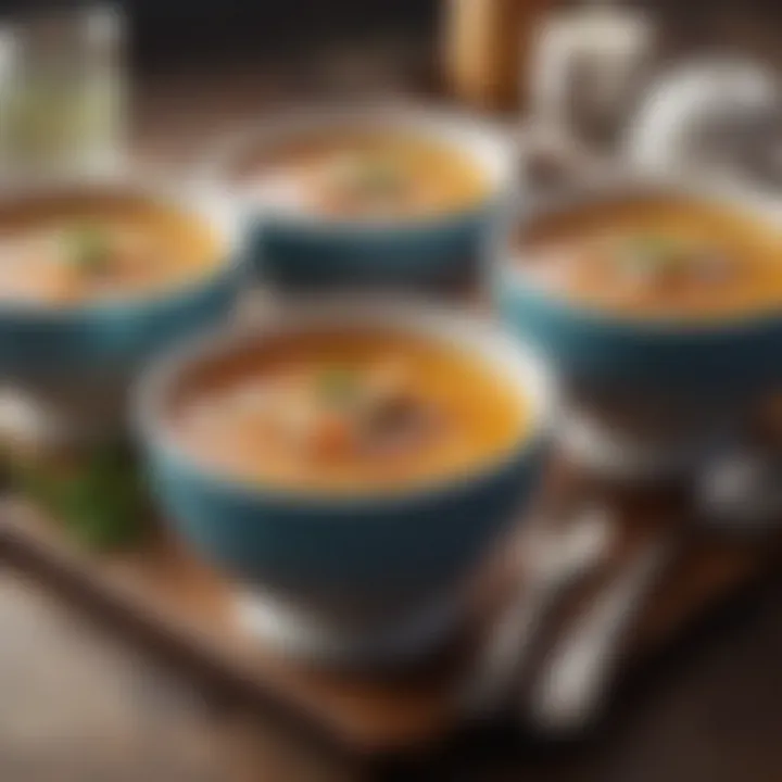 A selection of gourmet soups ideal for shooter glass presentation.