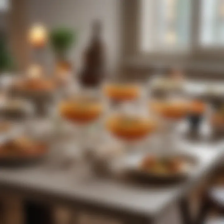 A beautifully arranged table featuring soup shooter glasses and complementary sides.