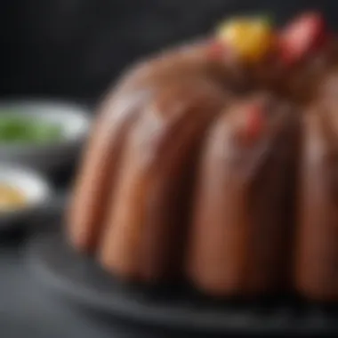 Close-up of a beautifully textured bundt cake highlighting the intricate details of a pan.