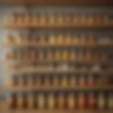 A wooden pantry shelf organized with labeled jars for pasta.