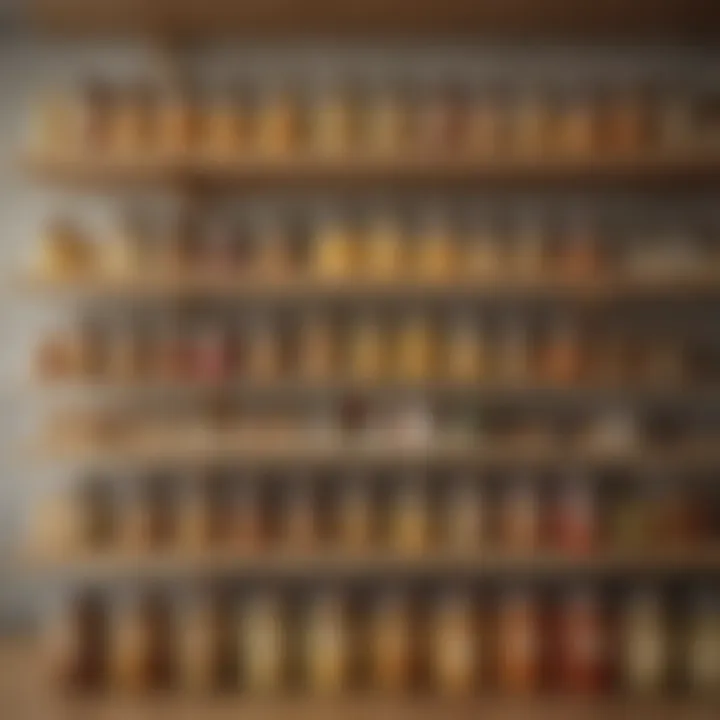 A wooden pantry shelf organized with labeled jars for pasta.