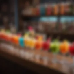 A vibrant array of colorful sweet cocktails lined up on a bar counter.