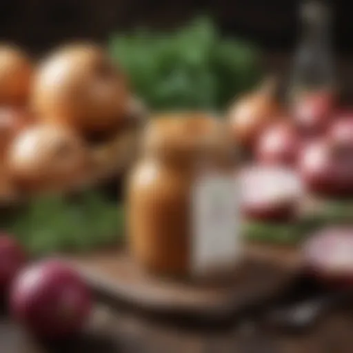 Artisan sweet onion sauce in a glass jar surrounded by fresh onions and herbs
