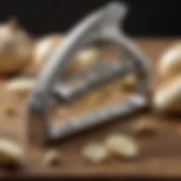 A close-up view of a big garlic press showcasing its robust design and functionality.