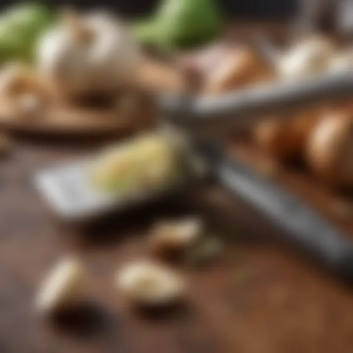 An assortment of garlic cloves alongside a big garlic press, emphasizing its efficiency in food preparation.