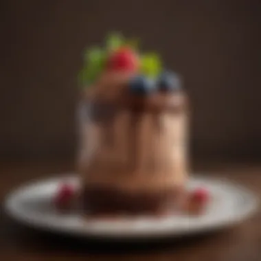 Artful Presentation with Chocolate Mousse Icing An artfully plated dessert adorned with chocolate mousse icing and garnishes.