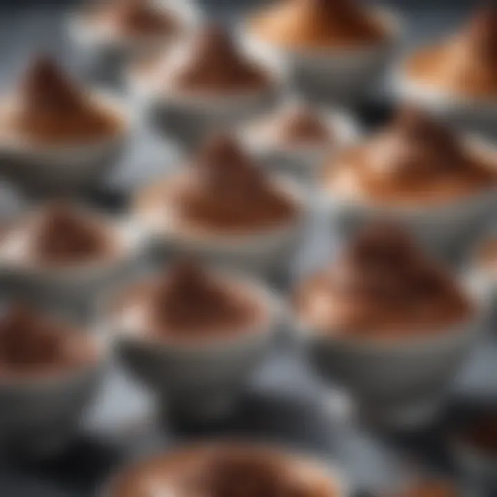 An array of chocolate mousse icing variations displayed in elegant bowls.