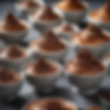 Diverse Variations of Chocolate Mousse Icing An array of chocolate mousse icing variations displayed in elegant bowls.