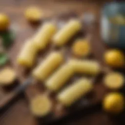 Vibrant lemon ice pops arranged artistically on a wooden table