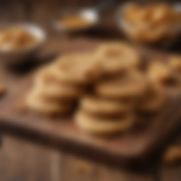 Golden brown peanut butter cookies arranged on a rustic wooden table