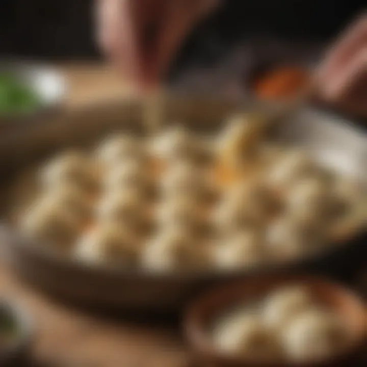 Dumplings being filled with a flavorful mixture